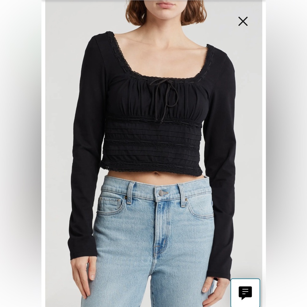 Free People Scarlet Smocked Square Neck Long Sleeve Cropped Top